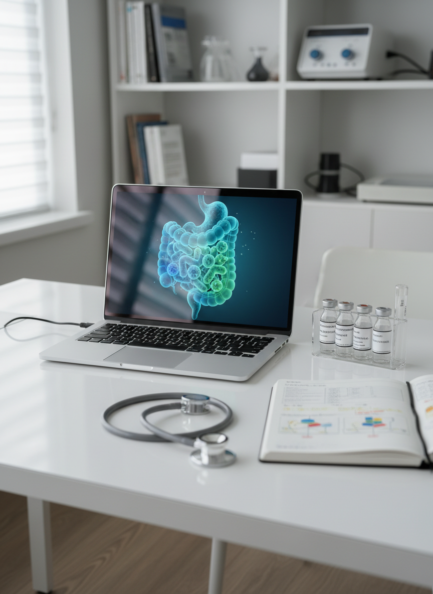 A polished white desk in a gastroenterology precision-medicine office, featuring a thin, silver laptop displaying a colorful 3D rendering of the human digestive tract and microbiota, with clusters of bacteria represented as glowing spheres in balanced blues and greens. Beside the laptop lies an open, neatly annotated medical notebook, a stethoscope arranged in a perfect semicircle, and a small glass container with neatly labeled microbiota sample vials. Soft, indirect daylight from an unseen window creates gentle reflections on the laptop screen and subtle shadows across the desk surface. Shot from a slightly elevated angle with a shallow depth of field, the background fades into a clean, blurred shelving unit with organized medical books and discreet lab equipment. The atmosphere is focused, modern, and scientific, conveying confidence in data‑driven digestive health care.