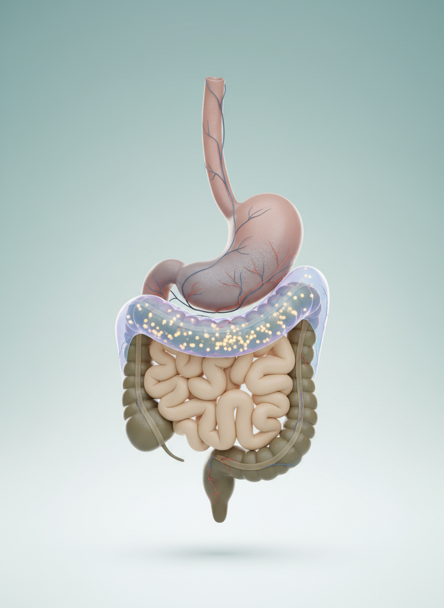 A clean, stylized 3D anatomical model of the human digestive system, from esophagus to colon, rendered in realistic yet gently desaturated colors, suspended against a soft gradient background of light teal fading to white. The organs are smooth and detailed, with subtle texture on the stomach and intestines, and fine vascular hints delicately traced in muted reds and blues. A translucent overlay highlights specific segments of the intestine where the microbiota resides, represented by small, softly glowing particles clustered along the inner surface. Illuminated by even, studio-style lighting from both sides, the model casts a faint, crisp shadow beneath, enhancing depth. Framed in centered composition at eye level with photographic realism, the image feels educational, precise, and calm—perfect for explaining complex digestive concepts in an accessible, professional manner.