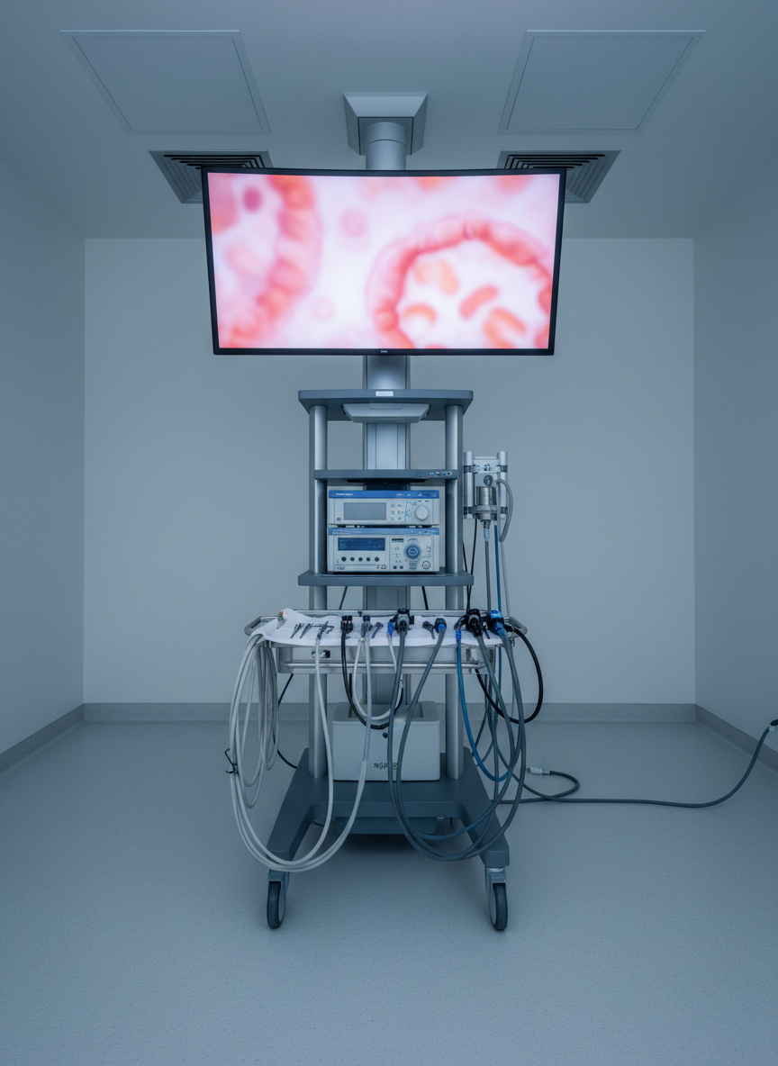 A meticulously organized, state-of-the-art endoscopy suite in a modern gastroenterology clinic, with a sleek high‑resolution endoscopy tower as the focal point. The equipment features subtle blue indicator lights, coiled sterile tubing, and a stainless steel instrument tray with neatly arranged scopes and accessories. The room is bathed in cool, diffused ceiling light that reflects softly off matte white walls and a pale grey floor, creating a sense of clinical precision and cleanliness. Captured at eye level in photographic realism, the composition uses leading lines from the floor and cables to draw attention to the central monitor, which displays an abstract, softly blurred image of healthy intestinal mucosa. The overall mood is professional, calm, and reassuring, emphasizing advanced technology and exacting standards without any human presence.